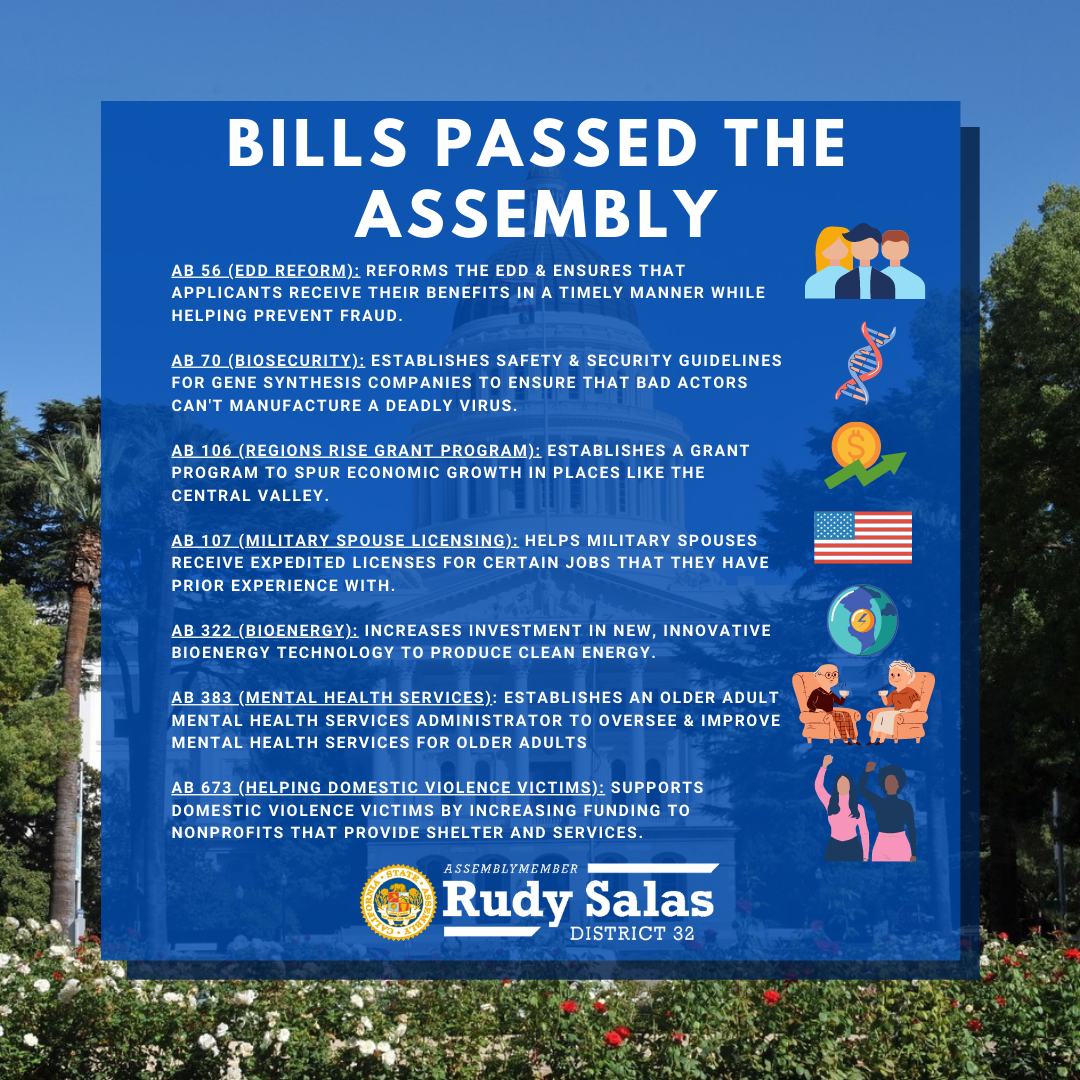 Assemblymember Salas Moves Transformative Bill Package out of the Assembly